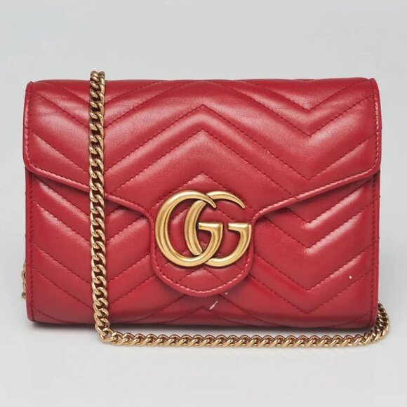 Gucci Red Quilted Leather GG Marmont 2.0 Chain Wallet Clutch Bag - Picture 1 of 12